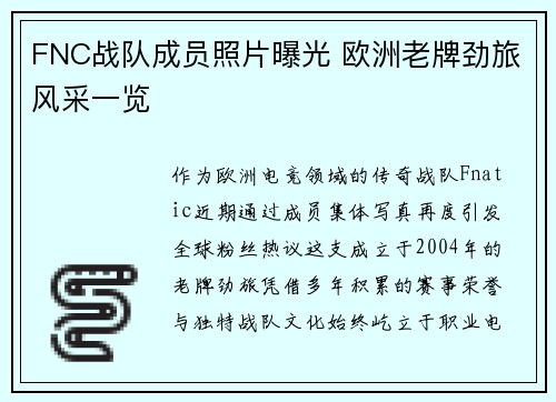 FNC战队成员照片曝光 欧洲老牌劲旅风采一览