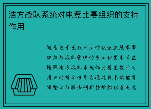 浩方战队系统对电竞比赛组织的支持作用